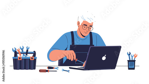 Technician Repairing Laptop: A skilled technician diligently repairs a laptop with precision using professional tools, symbolizing innovation.