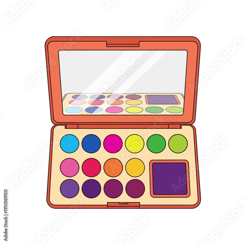 A vector illustration of a colorful makeup palette with various eyeshadows and lip colors.