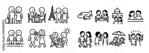 Travel icons with plane eiffel tower beach outline