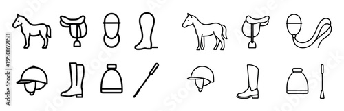 Equestrian icons with horse saddle stirrup outline