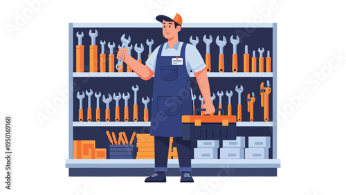 Mechanic's Ready: A skilled mechanic, equipped with tools, stands ready beside a wall filled with organized wrenches, ready for any repair challenge.