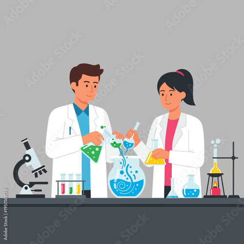 Scientists in lab coats conducting experiment with colorful liquids in beakers and flasks