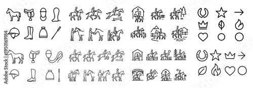 Equestrian icons with horse saddle rider outline