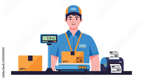 Efficient Courier: A friendly courier, a vital element in supply chain logistics, is diligently measuring the weight of a package.