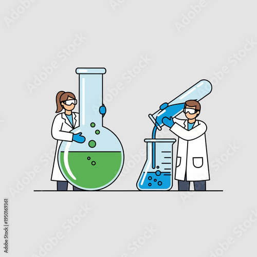 Scientists in lab coats performing chemical experiment with flasks and beakers