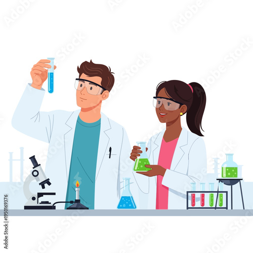 Scientists in lab coats examining colorful liquids in test tubes and beakers