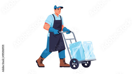 Ice Delivery Service: An animated service worker skillfully maneuvers a hand truck laden with blocks of ice, delivering refreshment and chilling solutions.