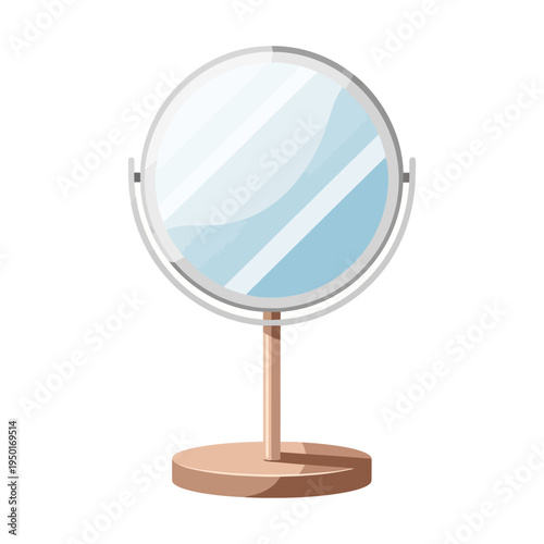 A vector illustration of a makeup mirror with a stand on a table indoors