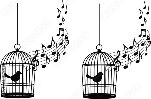 Silhouette of a bird in a cage with flying musical notes illustration