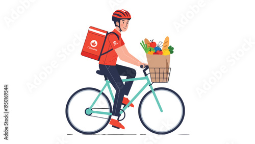 Speedy Delivery: A cyclist wearing a helmet expertly balances a delivery bag and a basket filled with groceries, symbolizing fast and efficient service and the convenience of modern delivery methods.