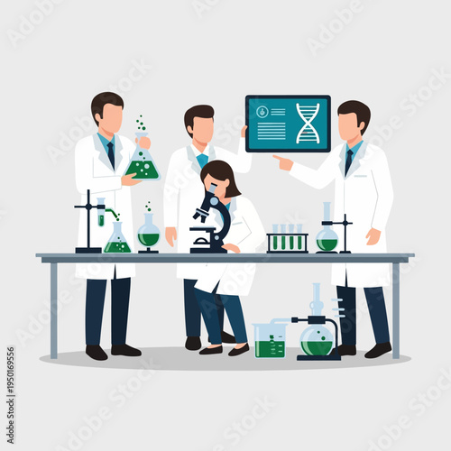 Scientists in laboratory conducting research with DNA helix on screen