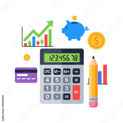 A vector illustration of a calculator and piggy bank with financial icons on a desk