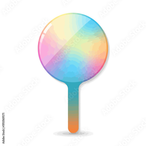 A colorful vector lollipop with rainbow hues glistens on a white surface.