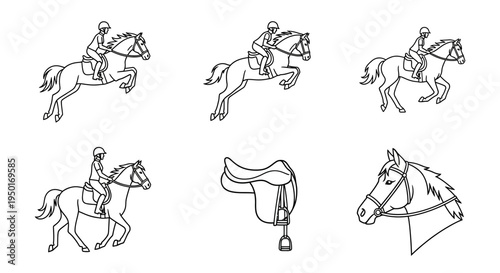 Equestrian sports icons depicting horseback riding jumping show and professional saddle with bridle details