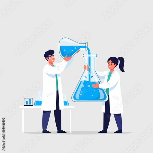 Scientists Pouring Liquid in Laboratory Flasks for Chemical Experiment
