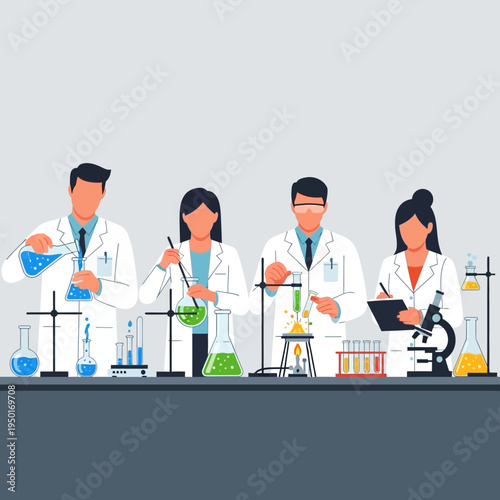 Scientists working in a modern laboratory with colorful liquids and equipment