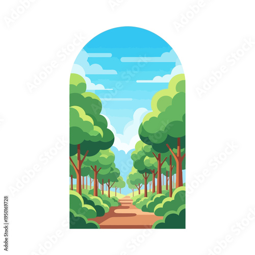 Vector illustration showing a tranquil forest path, framed in an archway, with lush green trees and a bright blue sky. Perfect for peaceful nature walks