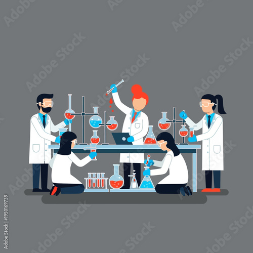 Scientists working in a modern laboratory, conducting experiments with colorful liquids in beakers and test tubes.