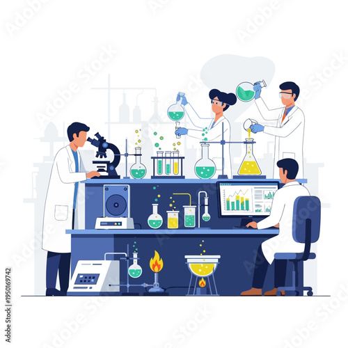 Scientists working in a modern laboratory, conducting experiments with chemicals and equipment.