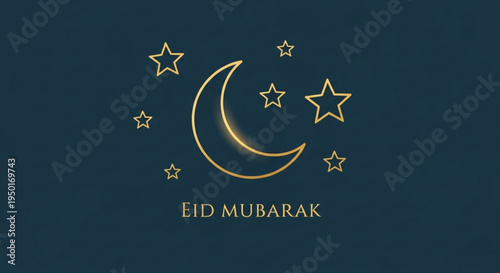 Eid mubarak greeting card with golden crescent moon and stars on dark blue background for islamic holiday celebration