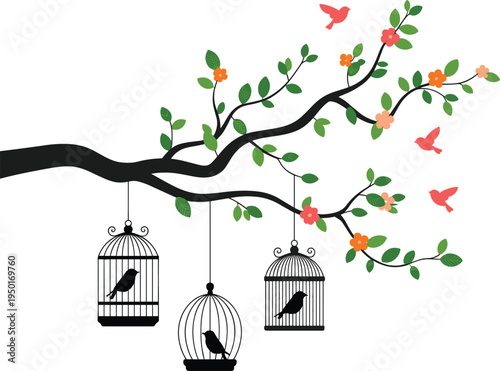 Beautiful floral tree branch with black bird silhouettes and vintage birdcages vector illustration