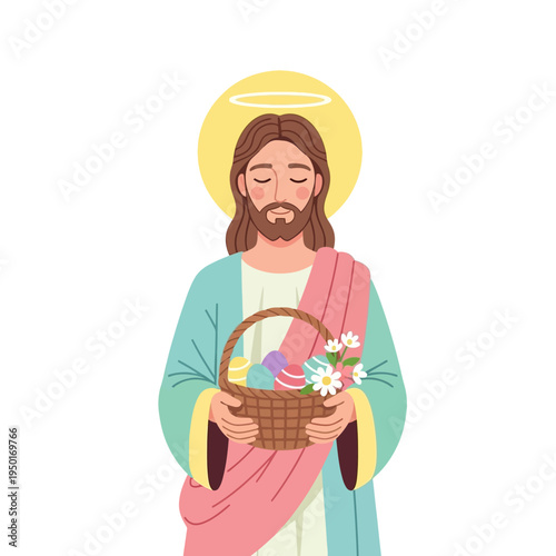 Vector illustration of a spiritual figure with a halo, holding a basket of vibrant Easter eggs, ideal for spring holiday and religious celebration art
