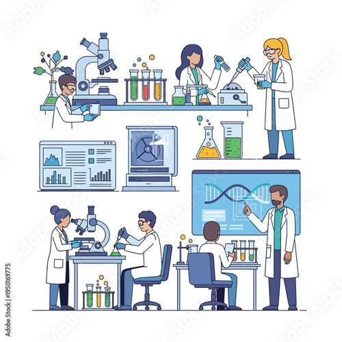 Scientists working in a modern laboratory, conducting research with microscopes and test tubes