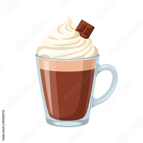 A delightful and comforting hot chocolate vector illustration featuring creamy whipped topping and a chocolate piece, served in a clear glass mug, ideal for beverage concepts
