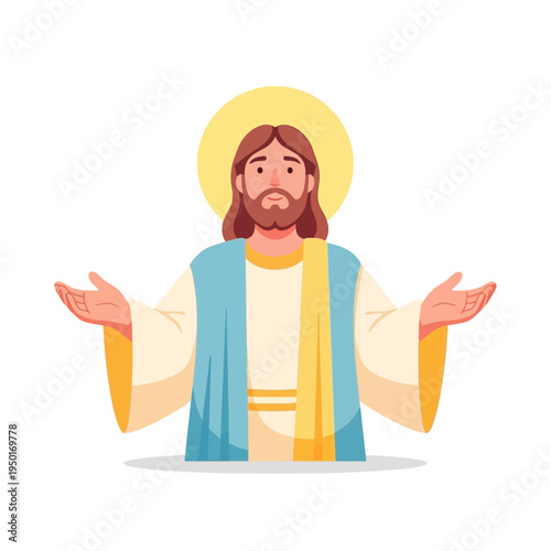 Spiritual messenger vector illustration portraying a kind and benevolent figure with outstretched arms, offering a warm welcome, divine grace, and compassionate blessing artwork