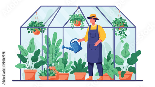 Nurturing Nature's Embrace: A dedicated gardener cultivates life within a lush greenhouse, watering thriving plants, highlighting the harmony of human and nature.