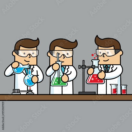 Scientists conducting experiments in a laboratory with colorful liquids and glassware