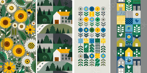 Four patterned panels featuring floral landscape and architectural motifs