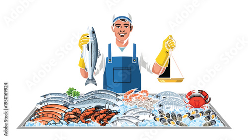 The Fishmonger's Display: A fishmonger stands proudly amidst a bountiful display of fresh seafood, showcasing a variety of fish and shellfish.