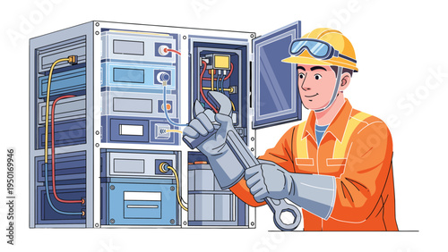 Precision Work: A skilled technician, clad in protective gear, meticulously inspects and maintains an electrical panel, ensuring optimal performance and safety.