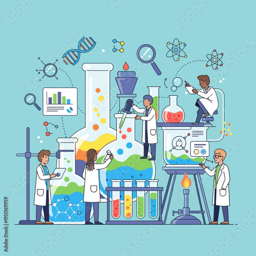 Scientists conducting experiments in a modern laboratory with colorful liquids and scientific equipment.