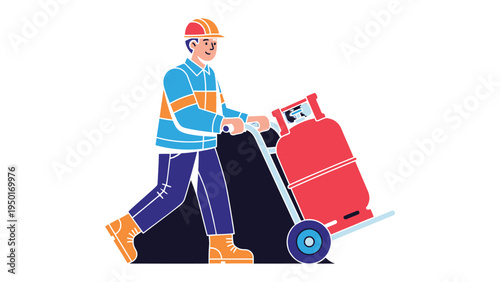Energy Delivery: A diligent worker skillfully maneuvers a gas cylinder using a specialized hand truck, illustrating the secure and efficient transport of essential energy resources.