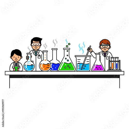 Scientists conducting experiments with colorful liquids in laboratory beakers and flasks