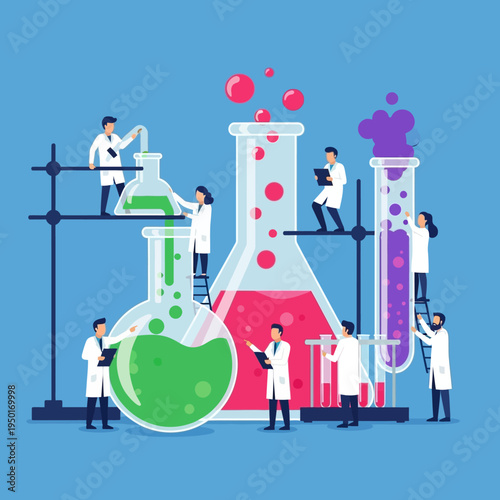 Scientists conducting experiments with colorful liquids in laboratory glassware, research concept