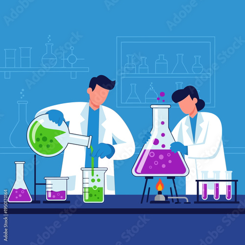 Scientists in lab coats conduct experiment with colorful liquids in beakers and flasks