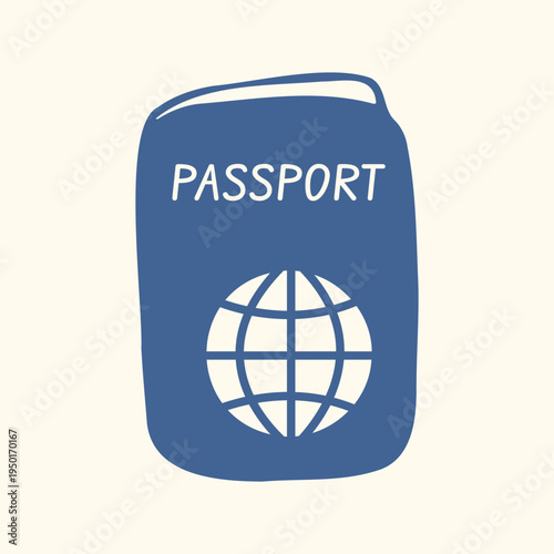 Blue passport icon with globe symbol in flat style. Simple travel document illustration isolated on light background for tourism apps, visa service, navigation and travel design.