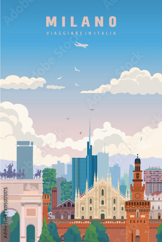 Milan City landmarks sunset poster design, Italy