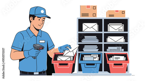 Sorting and Delivery: A postal worker, diligently sorting mail with modern scanning technology, epitomizing efficient service and the essential role of communication. 