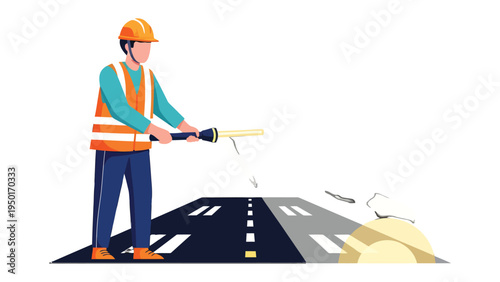 Road Maintenance Worker: A dedicated road maintenance worker uses a powerful flashlight to inspect the street, ensuring safety and quality, symbolizing diligence in urban infrastructure.