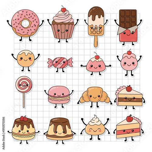 Whimsical collection of cheerful anthropomorphic desserts and pastries, featuring cute sweet treats with smiling faces on a grid background.