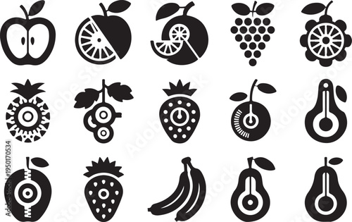 Fruits and vegetables icon set with apples cherries strawberries lemons pineapples bananas oranges pears and peaches vector illustration