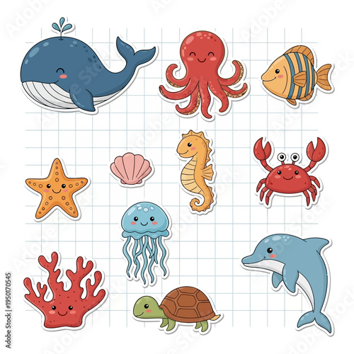 Playful Collection of Adorable Cartoon Aquatic Creatures and Marine Life Stickers on a Grid Background for Kids' Designs