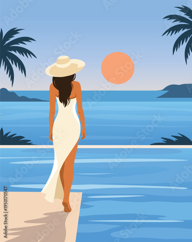 Summer vacation. Vector illustration, woman in a dress, hat standing by an infinity pool, admiring sunset over ocean. Palm trees, ocean. For tourism, brochures, hotels, vacations, travel advertising