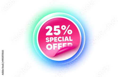 Discount sticker blue gradient. Paper offer price tag. 25 percent discount offer tag. Sale price promo sign. Special offer symbol. Sticker label. Grain dots effect. Vector