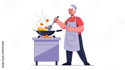 Culinary Maestro at Work: A skilled cook, donned in a pristine apron, orchestrates a culinary masterpiece over a fiery stove, stirring a flavorful stir-fry in a wok.