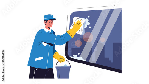 Window Cleaner in Action: An illustration of a dedicated worker meticulously cleaning a window with a sponge, bucket and gloves. Reflecting cleanliness and dedication